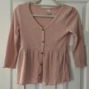 Blush Ribbed, button down, peplum, tie back blouse XS
